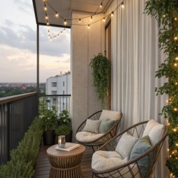 balcony with seating lights and curtains