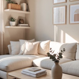 living room with couch coffee table shelves and art on the wall